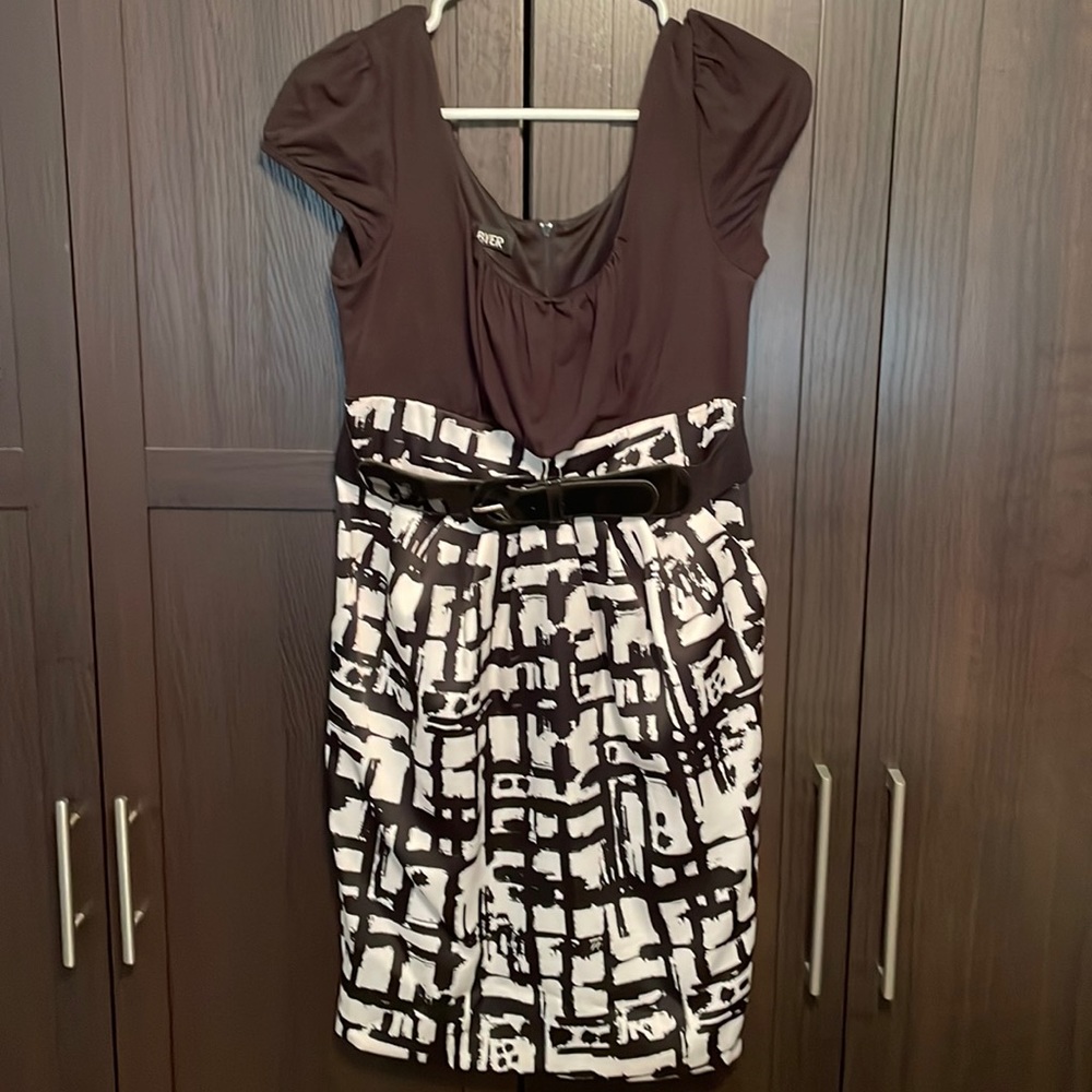 Black and White Print Dress with Black Belt